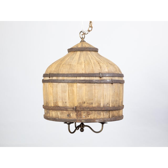 Vintage English Rustic Wooden Barrel Light Fixture with Three Scrolling Arms For Sale In Atlanta - Image 6 of 10