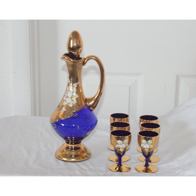 Mid-Century Modern Vintage Czech Bohemian Cobalt Blue Decanter Set With (6) Glasses. For Sale - Image 3 of 3