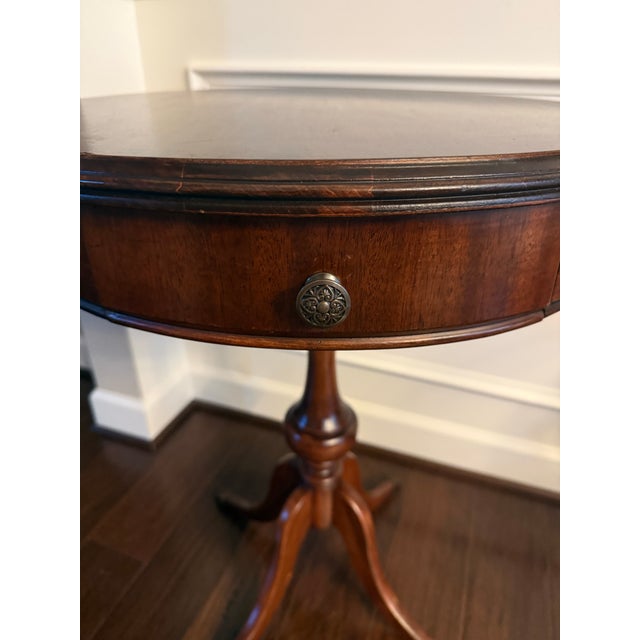 Vintage Regency Style Mahogany Pedestal Drum Side Table With Brass Claw Feet For Sale - Image 11 of 12