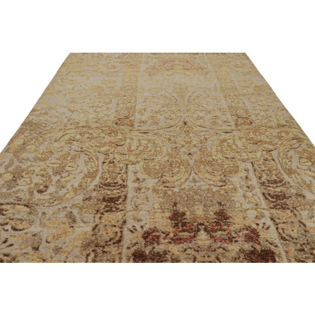 Contemporary Rug & Kilim’s Distressed European Rug in Beige-Brown & Gold Floral Pattern For Sale - Image 3 of 7
