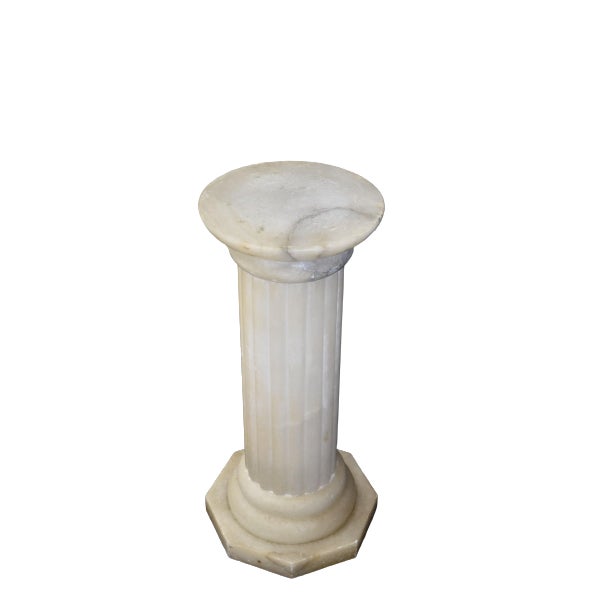 A neoclassical alabaster marble column pedestal side table. Diameter is 12" and height is 26". Beautiful with natural wear...