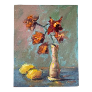 “Orchids and Lemons” a Diminutive Impressionist Oil on Canvas Painting by Joao De Brito -