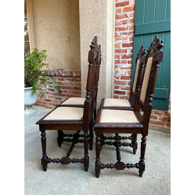 Set 4 Antique French Dining Chairs Renaissance Carved Oak Bird Black Forest For Sale - Image 10 of 12