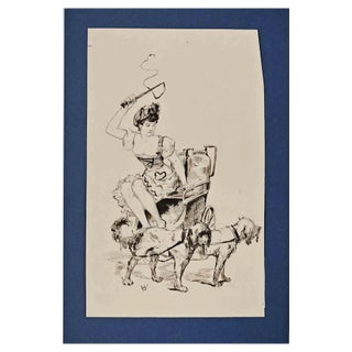 Adolphe Willette, The Woman On Chariot, Ink on Paper, Late 19th Century For Sale