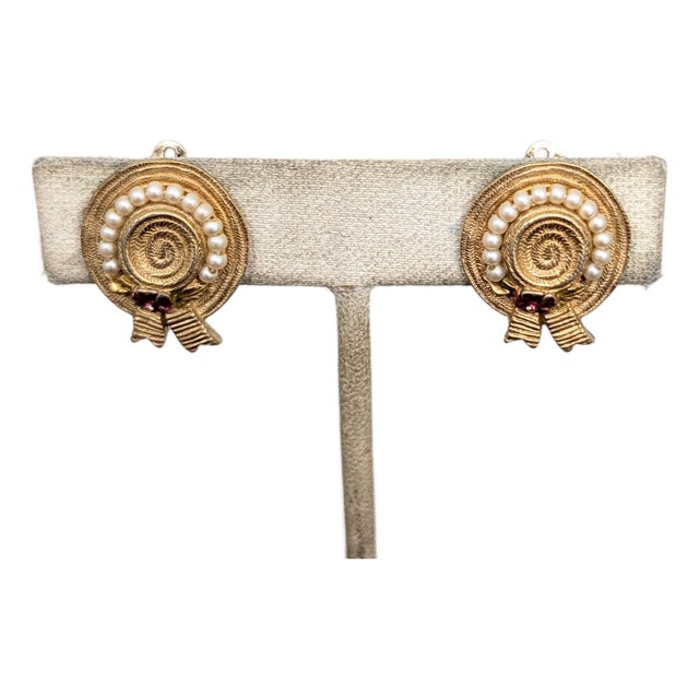Vintage 1960s Signed Ciner Goldtone Faux-Pearl & Red Enamel Bonnet Clip Earrings-2 Pieces For Sale
