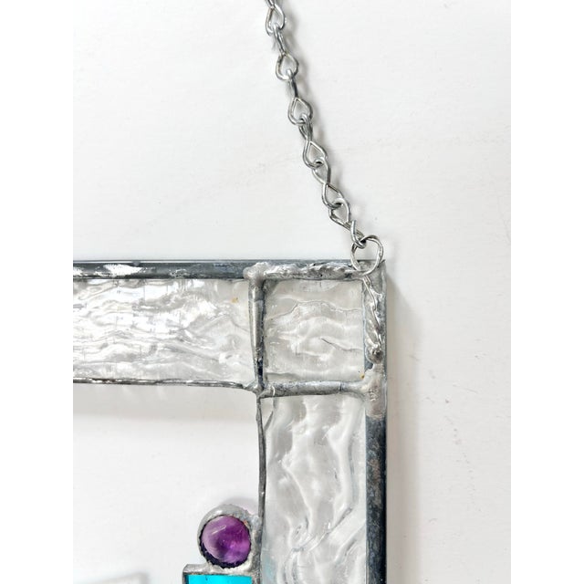 Teal Vintage Geometric Stained Glass Panel – Art Deco, Abstract Modern Window Hanging, Teal Glass Wall Decor For Sale - Image 8 of 10