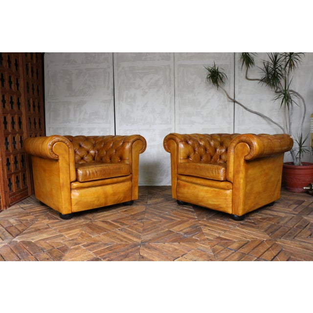 English Vintage Pair of Brown Honey Leather Chesterfield Club Chairs — England, Circa 1950 For Sale - Image 3 of 18