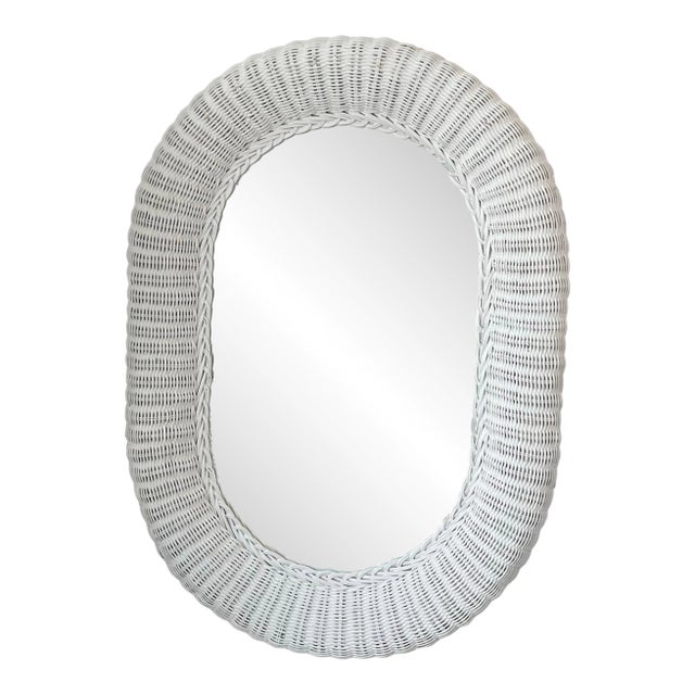 Vintage 1980s White Painted Woven Rattan Framed Mirror For Sale