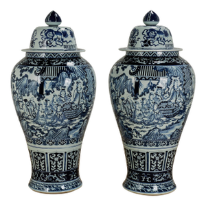 Pair of Chinese Blue and White Porcelain Palace Urns
