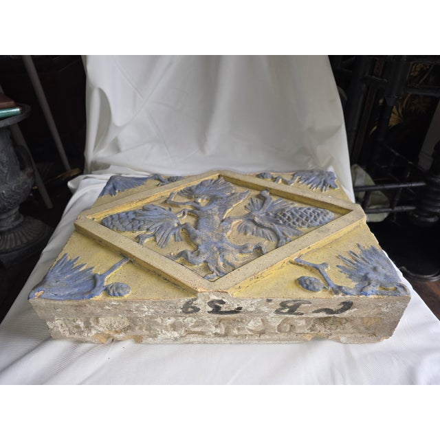 Beautiful antique Architectural Tile Block. Lavender and yellow glazed clay block with pinecone motif.