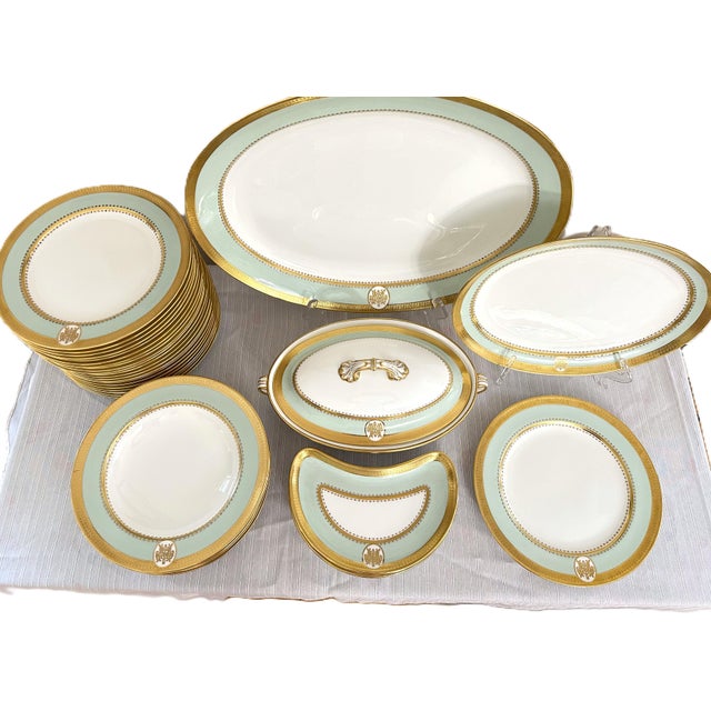 Victorian Antique Minton Porcelain Dinner Service | Mint Green Gold Gilt Monogram 1884 - 34 pcs For Sale - Image 3 of 16