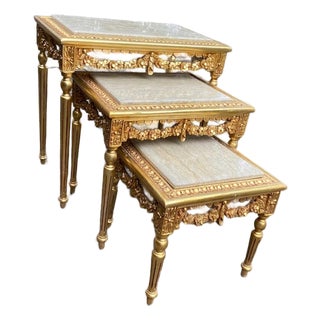 Late 20c French Louis XVI Gold Beech Marble Nesting Tables - 3 PCS For Sale