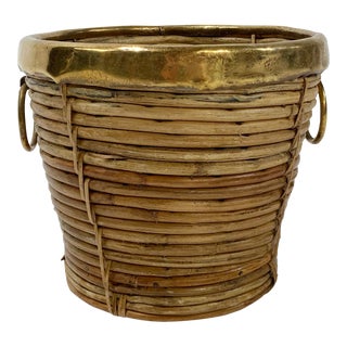 Vintage Gabriella Crespi Style Split Reed Basket W/ Brass Trim For Sale