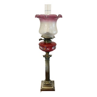 Antique Victorian Brass Oil Lamp with Cranberry Glass Font and Corinthian Column, 1860 For Sale