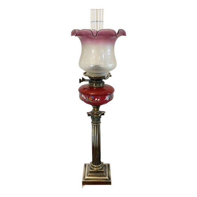 Antique Victorian Brass Oil Lamp with Cranberry Glass Font and Corinthian Column, 1860 For Sale