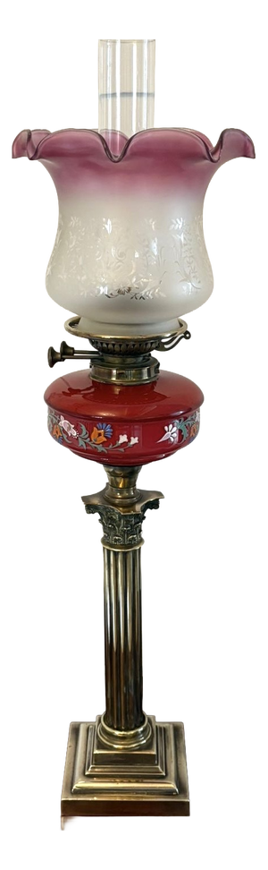 Antique Victorian Brass Oil Lamp with Cranberry Glass Font and Corinthian Column, 1860