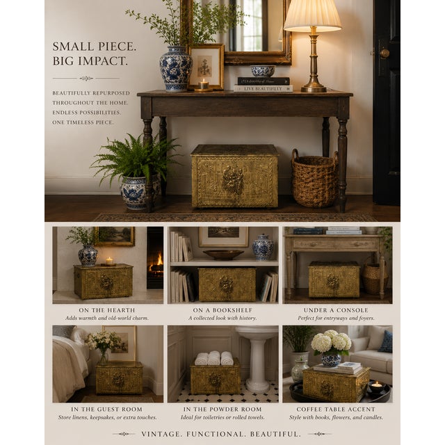 This exquisite antique brass coal scuttle box, dating to the 1920s, is a remarkable example of English craftsmanship,...