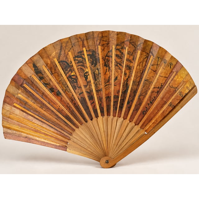 Vintage Korean Hand Painted Tiger Folding Fan Bamboo Signed Korea Asian Folk Art For Sale - Image 4 of 7
