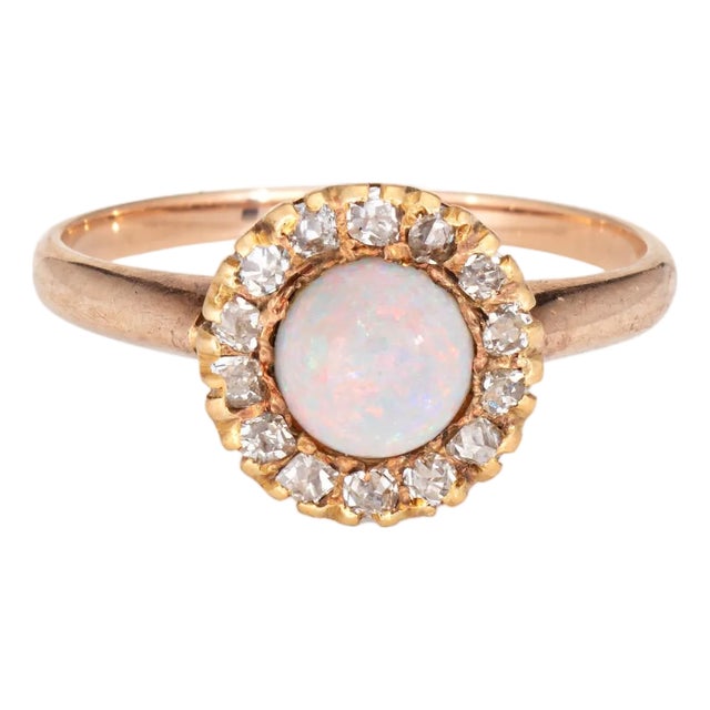Late 19th Century Antique Victorian Ring Opal Rose Cut Diamond Cluster 10k Yellow Gold Pinky Halo, Size 5.5 For Sale