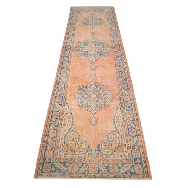 1960s Traditional Ottoman Design Distressed Oushak Runner Rug Faded Colors Low Pile - 3'2″ X 12'2″ For Sale - Image 5 of 13