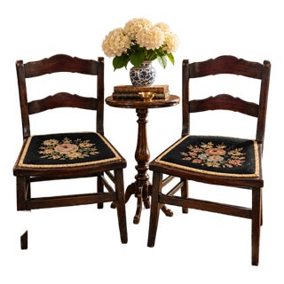 Pair of Vintage Tell City Style Dark Wood Chairs With Black Floral Needlepoint Seats For Sale