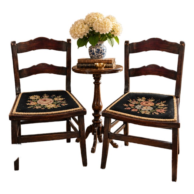 Pair of Vintage Tell City Style Dark Wood Chairs With Black Floral Needlepoint Seats For Sale
