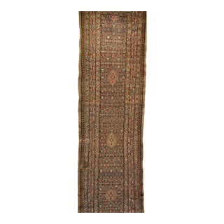 Antique Persian Serab Camel Hair Runner Rug, Hand-Knotted Wool, Allover Geometric Pattern, Red & Green, 3x12 For Sale