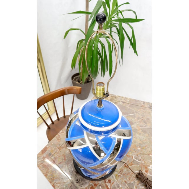 Gordon Martz Mid-Century Modern Large Oversize Glazed Pottery Table lamp Blue and Chrome For Sale - Image 4 of 9