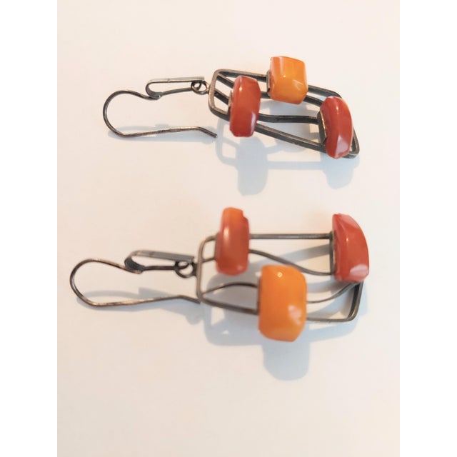 Mid-Century Modern Vintage Artisan 875 Silver & Amber Pierced Wire Earrings, A Pair For Sale - Image 3 of 6
