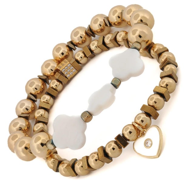 Early 21st Century Spiritual Heart & Lucky Clover Gold Beaded Bracelet Set For Sale - Image 5 of 7