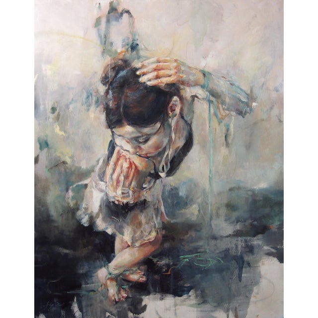 Respite by Jaclyn Alderete | Oil on panel of a figure kneeling near water For Sale