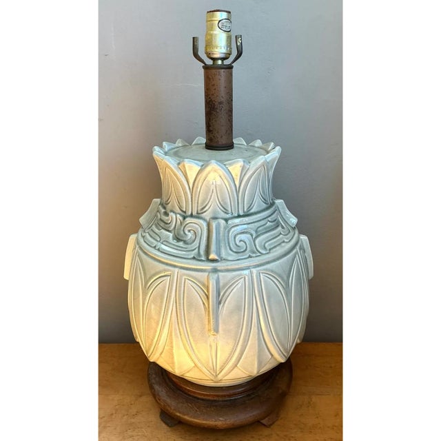 Vintage Glazed Ceramic Table Lamp With Wood Base | Chairish