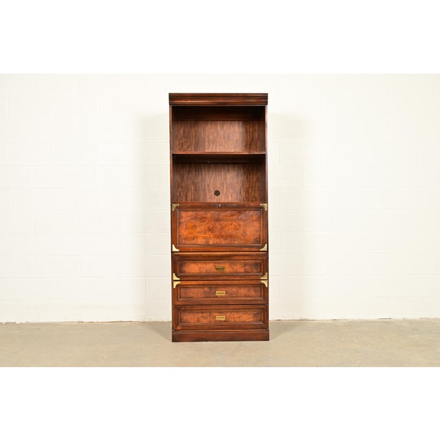 Henredon Style Mid-Century Modern Hollywood Regency Campaign Burled Walnut Bookcase With Drop Front Secretary Desk, Circa 1970s For Sale - Image 15 of 15