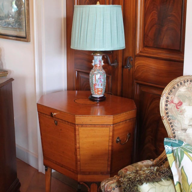 Rose Medallion Lamp With Celadon Pleated Linen Shade For Sale - Image 10 of 12