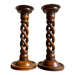 Vintage Theodore Alexander Wooden Candlesticks - a Pair For Sale