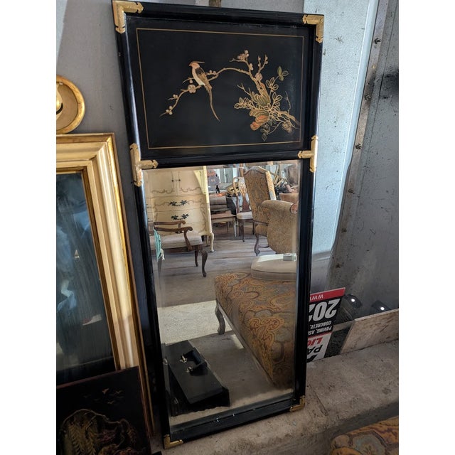 Vintage Chinoiserie Black Lacquer Mirror | Hand-Painted Bird & Blossom Panel With Brass Corners For Sale - Image 4 of 6