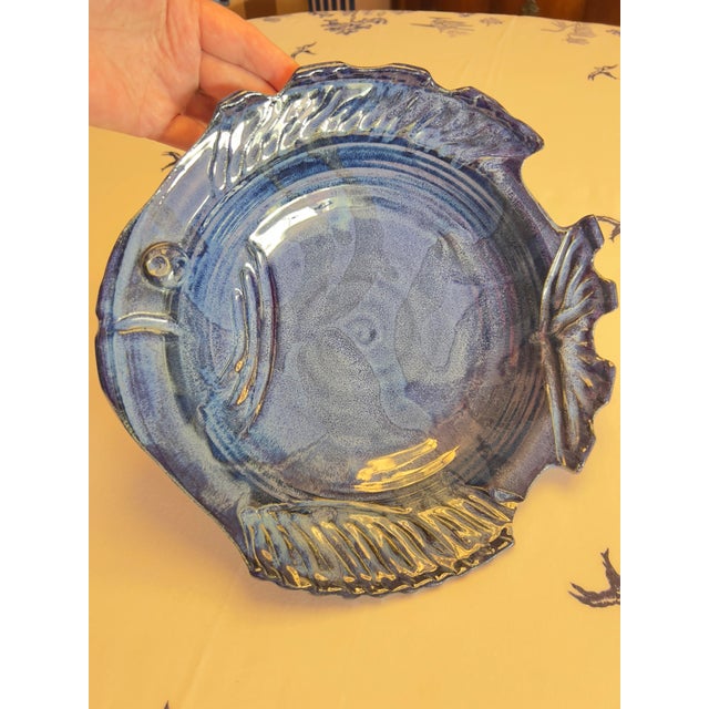 Nautical 1990s Rare Earth Pottery Fish Bowl 12”d Blue Tropical Large Serving Dish Handmade For Sale - Image 3 of 9