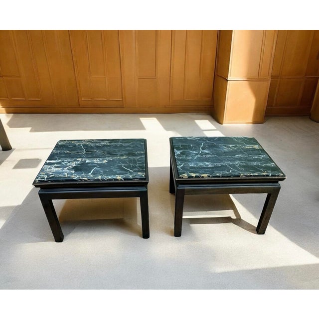 Vintage Widdicomb side tables-a pair. Sable brown stain over carved cherry wood with gorgeous potoro marble inset-black...