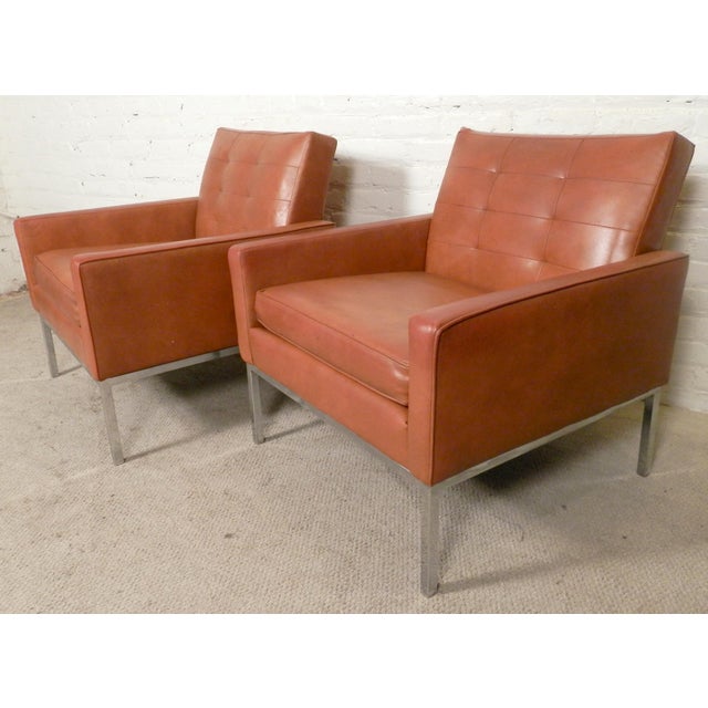 Pair of vintage modern armchairs by Alma Desk Company. Great 1960s style, tufted back, Milo Baughman inspired chrome base....