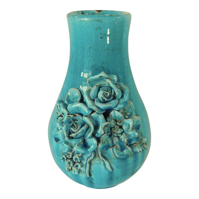 Vintage Artisan Blue Crackle Stoneware Vase With Roses For Sale