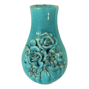 Vintage Artisan Blue Crackle Stoneware Vase With Roses