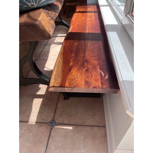 2020s Custom Live Edge Walnut Wood Dining Table With Benches and Brooklyn New York Cast Iron Base For Sale - Image 5 of 5