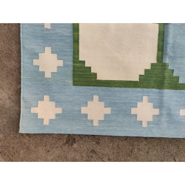 Handmade Woolen Flat Weave Swedish Pattern Sky Blue and Forest Green Area Rug - 9'x14' For Sale - Image 13 of 17