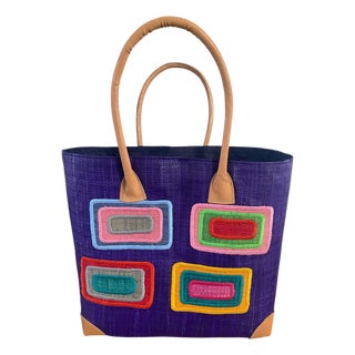 Sewn & Embroidered Large Raffia /Leather Tote Bag Madagascar For Sale