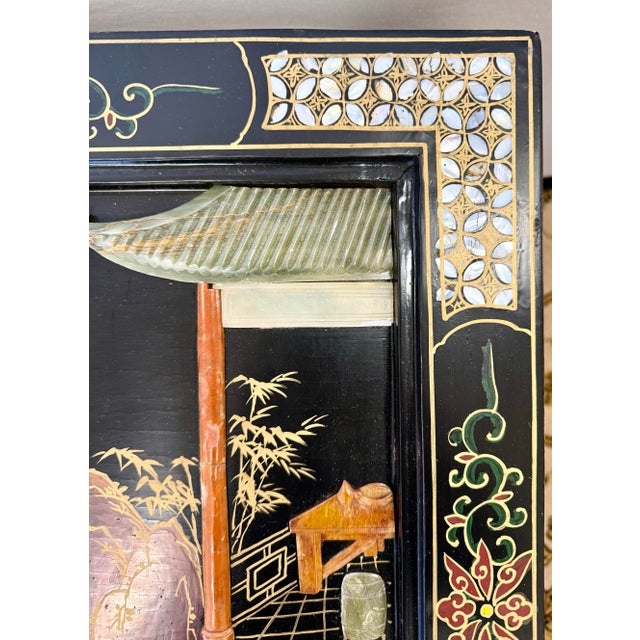Mid 20th Century Chinoiserie Black Lacquer Coffee Table With Carved Hard Stone Art For Sale - Image 4 of 10