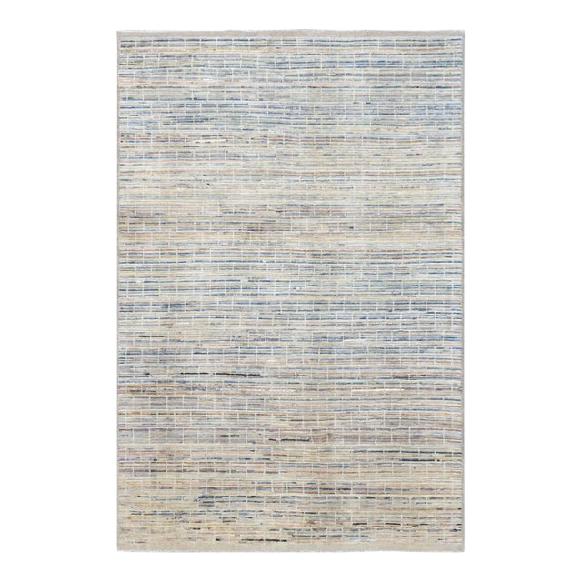 Blue & Cream Modern Wool Rug For Sale