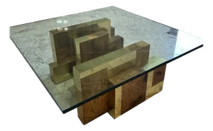 Vintage Burl Wood and Brass Coffee Table by Paul Evans for Directional