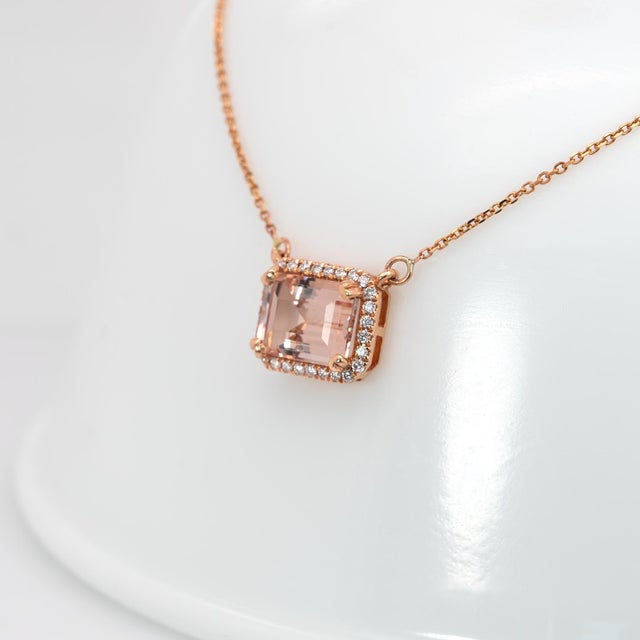2020s Natural Morganite & Diamond Halo Pendant Necklace: Solid 14k Gold With Chain For Sale - Image 5 of 8
