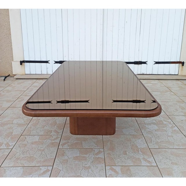1980s Leather Coffee Table with Glass Top, 1980s For Sale - Image 5 of 15