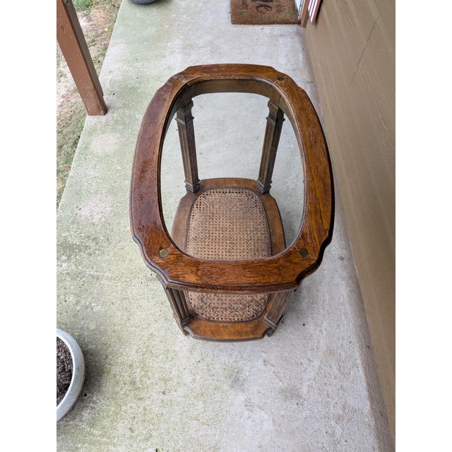 1970s Vintage Two Tier Oval Glass Wood Woven Cane End Table Mid Century Neoclassical. For Sale - Image 5 of 13